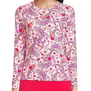 Lands End Women's Sun Shade Pink Paisley Rash Guard Swim Tee UPF 50 Top Size XL